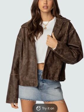 Edikted Faux Leather Oversized Jacket in Dark Brown